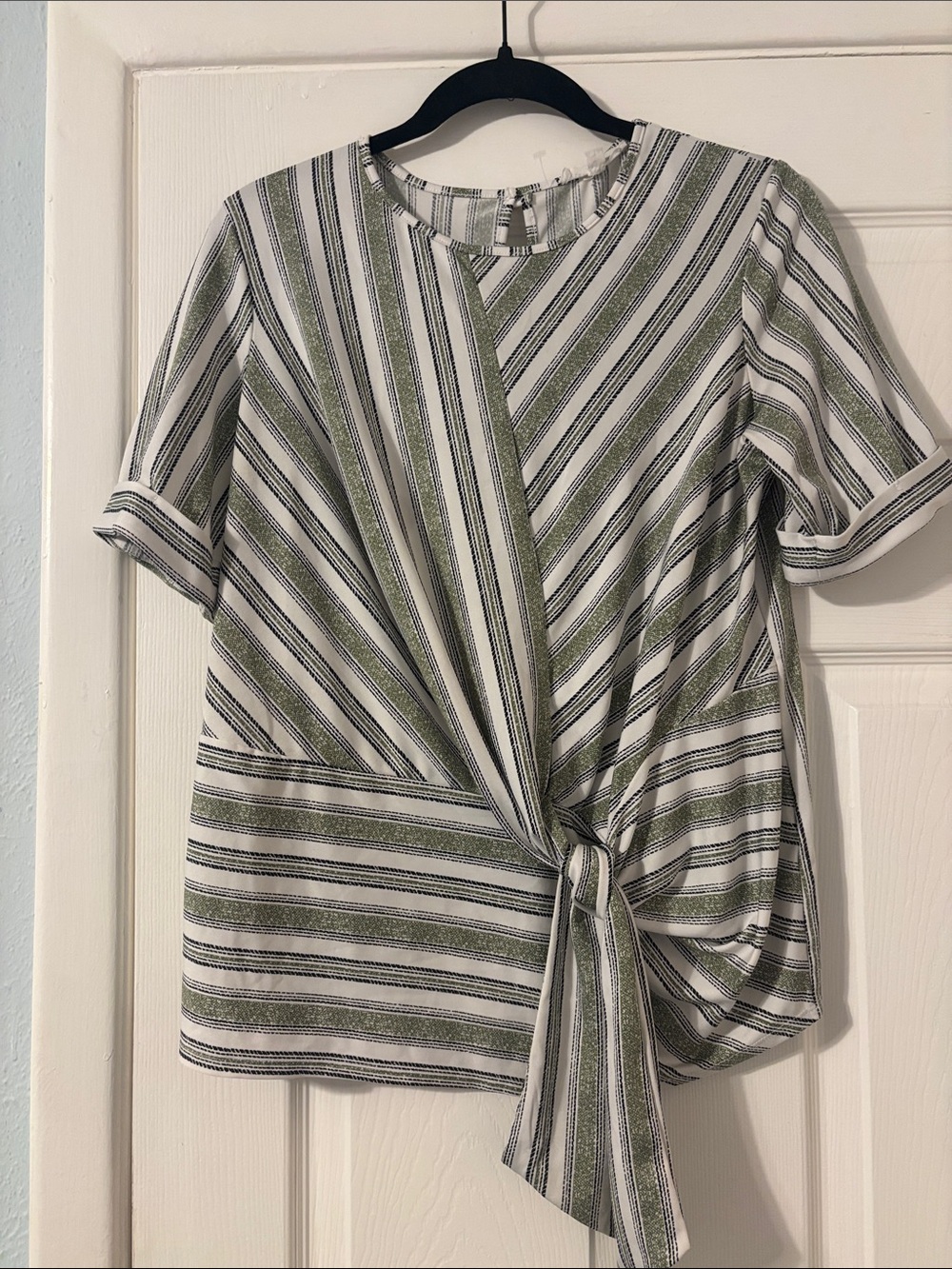 PerSeption Concept Olive Green and White Striped Tie-Front Blouse